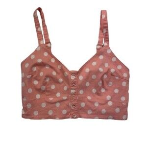 Forever 21 Crop Top PINK White Polka Dots Smocked Adjustable Straps Size Large